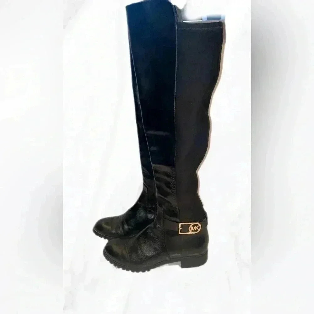 Micheal Kors  black knee high gold zipper rubber sole leather riding boots 5.5